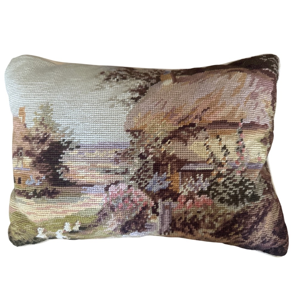 Vintage Needlepoint Landscape Throw Pillow Cottage Scene Velvet Back 16x12